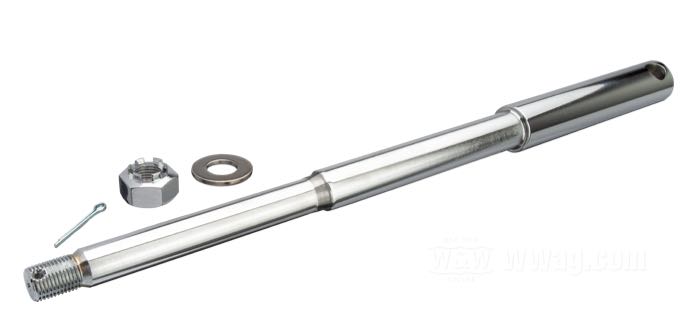 Perno anteriore; per Mozzo Star con cuscinetti conici; atto per Big Twin 1949-1966, Servi-Car 1958-1966; acciaio, cromato; lunghezza: 335 mm; Ø 17.5 mm; filettatura: 1/2”-20; con dado, rondella e coppiglia; peso lordo: 800 g