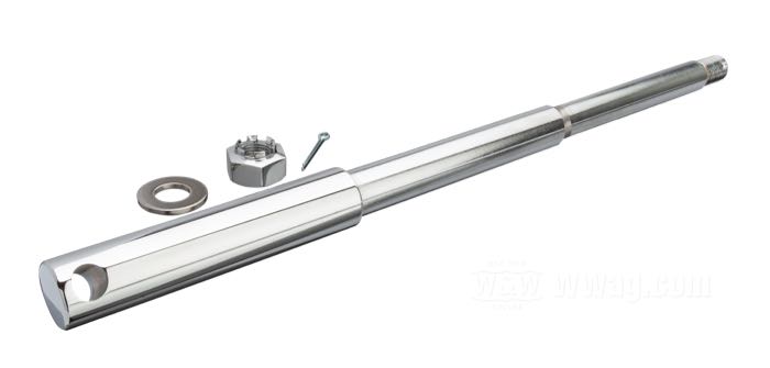Perno anteriore; per Mozzo Star con cuscinetti conici; atto per Big Twin 1949-1966, Servi-Car 1958-1966; acciaio, cromato; lunghezza: 335 mm; Ø 17.5 mm; filettatura: 1/2”-20; con dado, rondella e coppiglia; peso lordo: 800 g