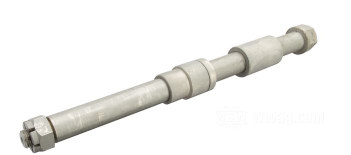 Eje delantero; para horquillas Springer extralargas de +16” y +20” / bujes anchos para modelos con cojinetes de 3/4”/19 mm; acero, CAD (método ZnNi); largo: 292 mm; Ø 19 mm; rosca: 1/2”-20; con espaciadores, casquillos y tuerca; peso bruto: 830 g