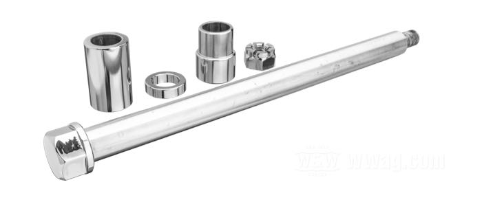 Eje delantero; para horquillas Springer extralargas de +16” y +20” / bujes anchos para modelos con cojinetes de 3/4”/19 mm; acero, cromado; largo: 292 mm; Ø 19 mm; rosca: 1/2”-20; con espaciadores, casquillos y tuerca; peso bruto: 770 g