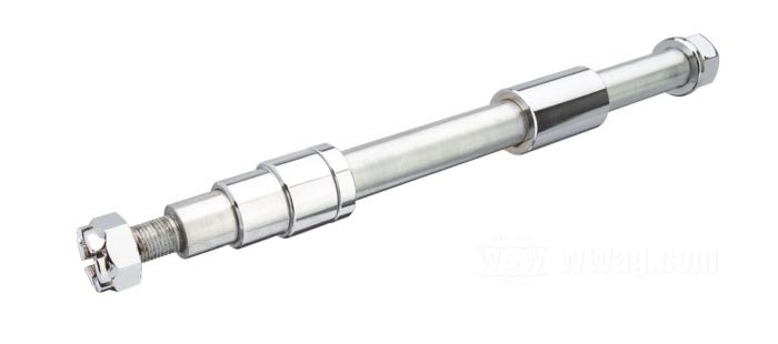 Eje delantero; para horquillas Springer extralargas de +16” y +20” / bujes anchos para modelos con cojinetes de 3/4”/19 mm; acero, cromado; largo: 292 mm; Ø 19 mm; rosca: 1/2”-20; con espaciadores, casquillos y tuerca; peso bruto: 770 g