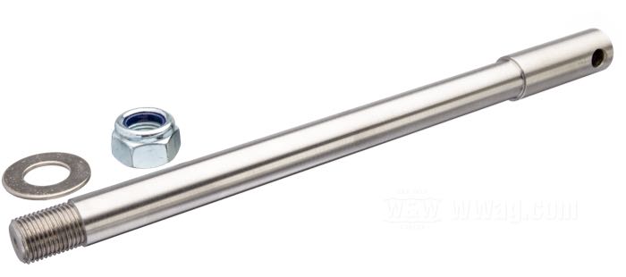 Axe avant; pour fourches GP38 et GP38 Racing; acier inox; longueur: 275 mm; Ø 17 mm; filetage: M16 x 1.5; avec écrou et rondelle; Allemagne; poids brut: 554 g