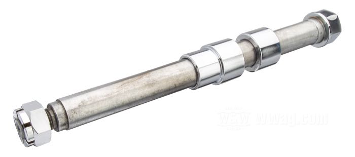 Perno anteriore di Samwel Supplies; per forcelle Springer, ruote Custom; con conversione da tamburo a disco; acciaio, cromato; lunghezza: 253 mm; Ø 19 mm; filettatura: 1/2”-20; con distanziatori, boccole e dado perno ruota; Europa; peso lordo: 800 g