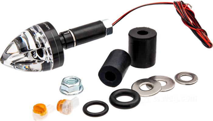 Clignotant »mo.blaze Cone« de motogadget; gauche; alu billet / verre, anodisé noir; longueur: 43 mm; Ø 35 mm; poids net: 45 g; cabochon: clair; 12 V; 7 W; avec LED; avec Fils électriques 100 cm et des petites pièces; homologué E1; Allemagne; poids brut: 134 g