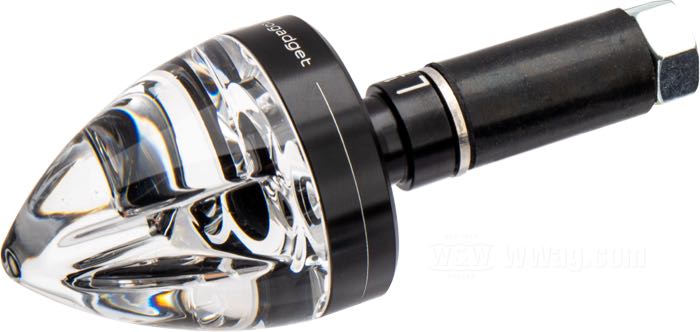 Clignotant »mo.blaze Cone« de motogadget; gauche; alu billet / verre, anodisé noir; longueur: 43 mm; Ø 35 mm; poids net: 45 g; cabochon: clair; 12 V; 7 W; avec LED; avec Fils électriques 100 cm et des petites pièces; homologué E1; Allemagne; poids brut: 134 g