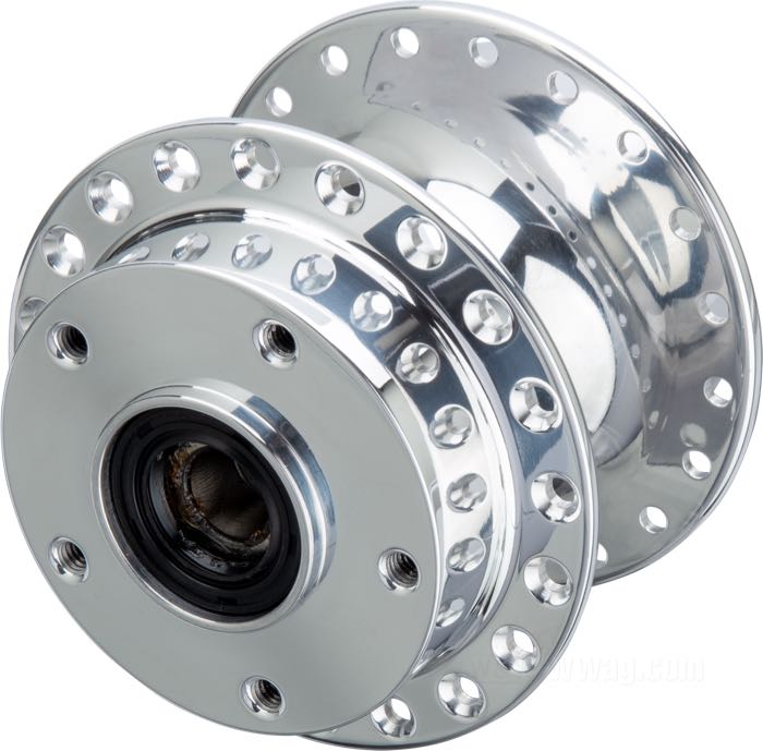 von Kustom Tech; für 40 Speichen; Aluminium, poliert; Ø Zentrierbund: 50 mm; Anzahl Speichenbohrungen: 40; passende Radachse Ø: 3/4 ”; mit Radlagern (1973-1999), Dichtringen