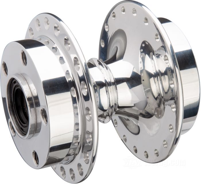 Buje trasero de Kustom Tech; para 40 radios; aluminio, pulido; Ø cuello de centrado: 50 mm; brida doble, roscas de 3/8”-16 y 7/16