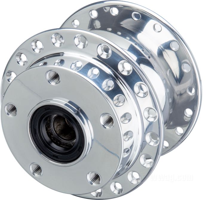 Buje trasero de Kustom Tech; para 40 radios; aluminio, pulido; Ø cuello de centrado: 50 mm; brida doble, roscas de 3/8”-16 y 7/16