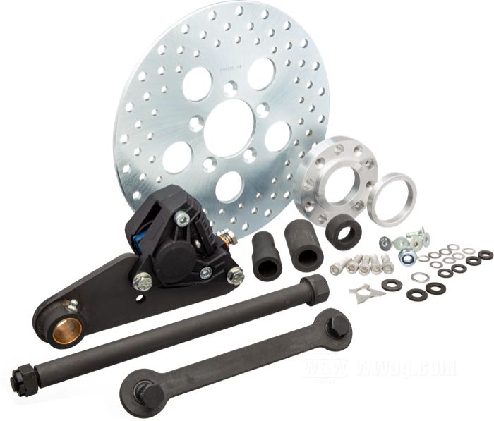 Kit de conversion en frein à disque »SpringBrake« de Cannonball; pour fourches Springer rallongées 16”-20”; pour moyeu étroit avant flanc double 1978-1999; acier / aluminium, parkerisé, Ø disque frein: 10”; liquide de frein obligatoire: DOT 4 ou 5; avec axe de roue 3/4”; poids brut: 8.26 kg