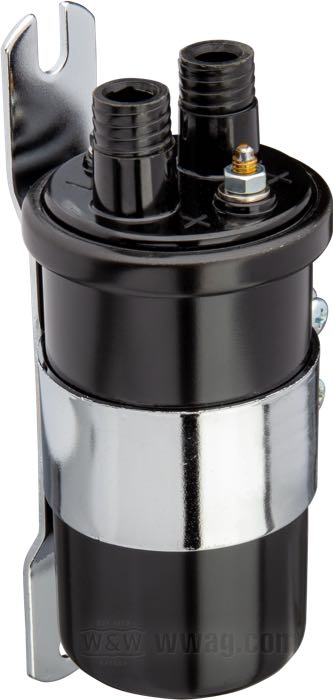Zündspule »Custom Round«; für Unterbrecherkontakt; passend für Big Twin 1936-1965; schwarz, kunststoffbeschichtet; geeignet für 12 V; Primär-Widerstand: 4 Ohm; Dual Fire und eine Kerze pro Kopf; mit Halter, Zündkabel und Stecker; Bruttogewicht: 851 g
