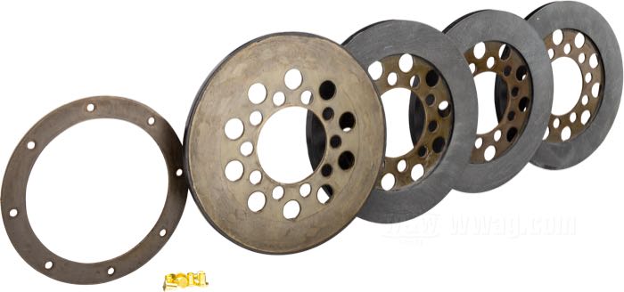 Set dischi d'attrito »standard«; atto per Big Twin 1941-1967; acciaio / composito fibra; con 3 dischi d'attrito, cushion plate (disco con solo un rivestimento), rivestimento mozzo; rimpiazza OEM HD 37850-41; peso lordo: 1.76 kg
