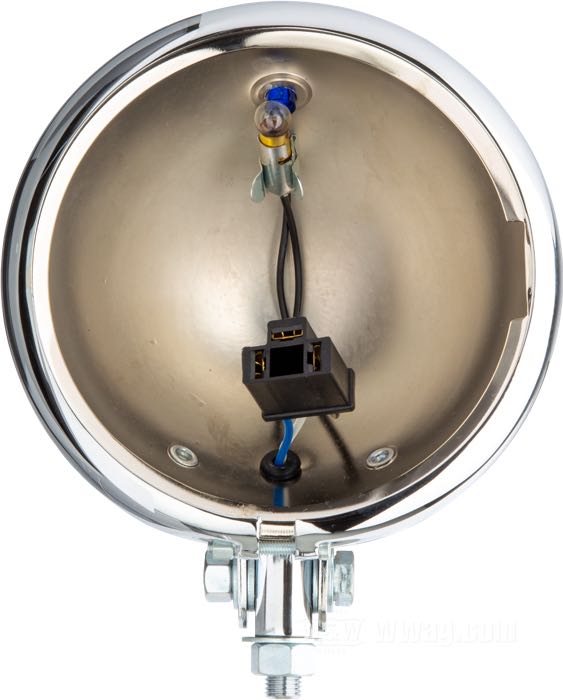 Scheinwerfer-Gehäuse von Paughco; Stahl, verchromt; Tiefe: 95 mm; Ø 158 mm; für Scheinwerfereinsatz (Ø): 5-3/4”; ohne Lampeneinsatz; mit Montageblock; USA; Bruttogewicht: 900 g