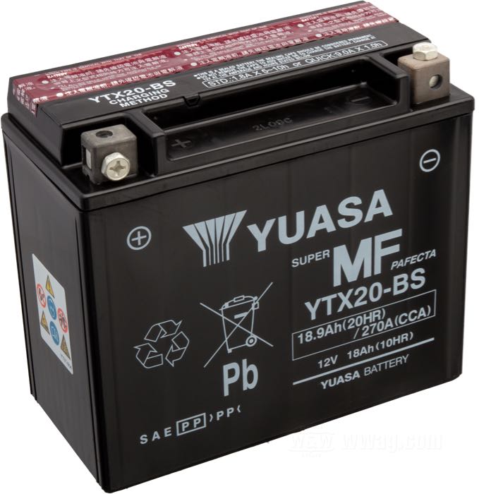 Battery by Yuasa; fits FXE, FXR and Sportster 1979-1996 with electric starter, Softail 1984-1990, Buell S2; W x H x D: 175 x 155 x 85 mm; 12 V; 18 Ah; cold cranking current (EN): 270 A; pole connections: M6 (screws included); replaces OEM HD 65991-75, 65991-82, and 66000209; gross weight: 6.89 kg