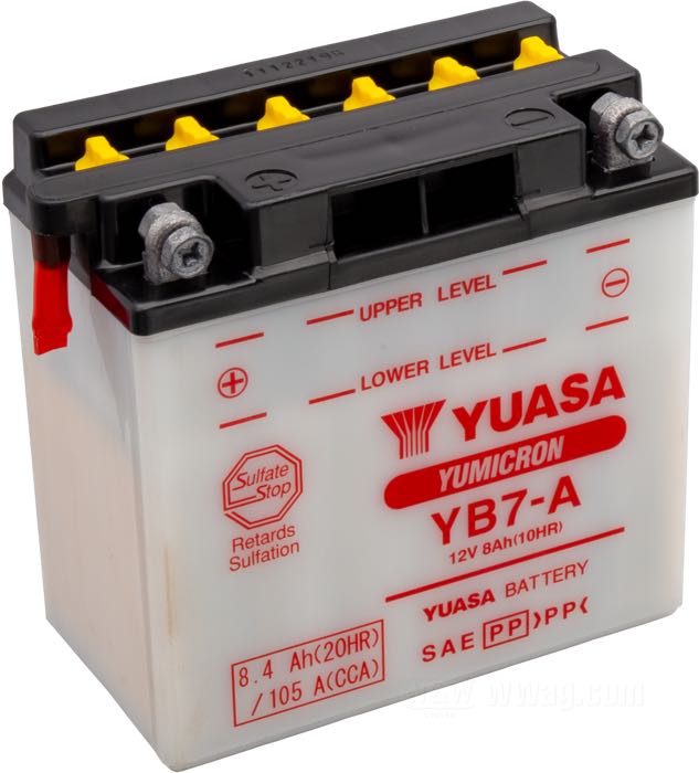 Batterie de Yuasa; adaptable à FX et Sportster à kick; L x H x P: 135 x 165 x 75 mm; 12 V; 8 Ah; courant de démarrage à froid (EN): 105 A; bornes: M6 (vis comprises); remplace OEM HD 66006-70; poids brut: 2.17 kg