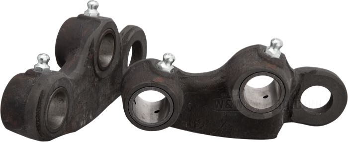 Rocker plates »Late Type 1942-1957«; for Classic and I-Beam Springer forks; fits Big Twin, WLC, Servi-Car; steel, parkerized, with round head grease nipples 1939→; replaces OEM HD 2635-30, 2636-30, 45658-30, and 45655-30; gross weight: 730 g