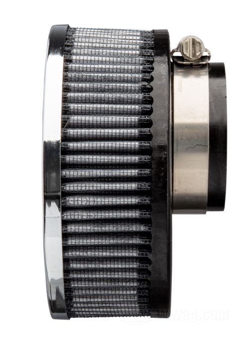 Filtre à air; pour carburateurs Dell´Orto «Pumper» de 38 ou 40 mm équippés d'un couvercle de pompe mince; acier / papier, chromé, cylindrique; profondeur: 60 mm; Ø 127 mm; poids brut: 250 g