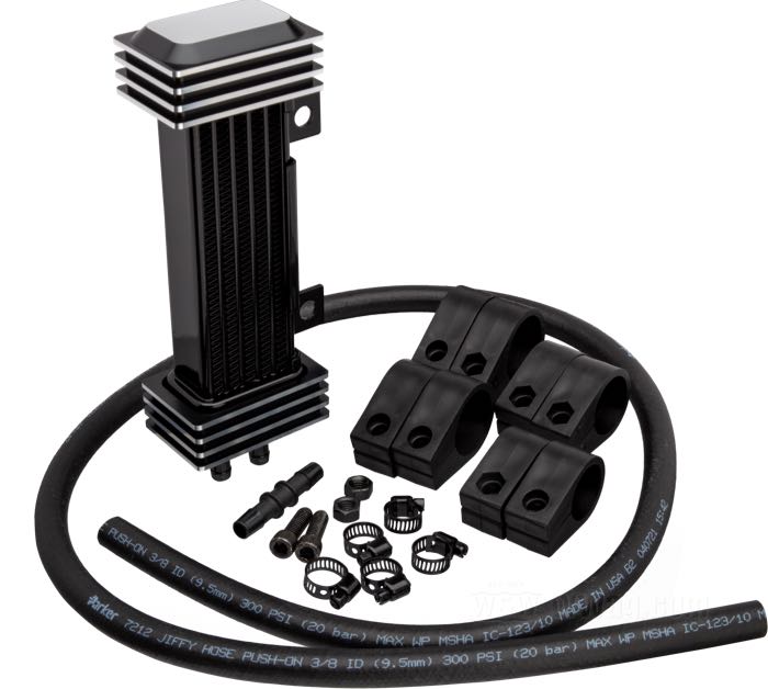 Oil cooler »Deluxe« by Jagg; aluminum / steel; with 1-1/8”, 1-1/4”, 1-3/8”, 1-1/2” Ø clamp pairs, 1.5 m oil hose, hardware; gross weight: 1.28 kg