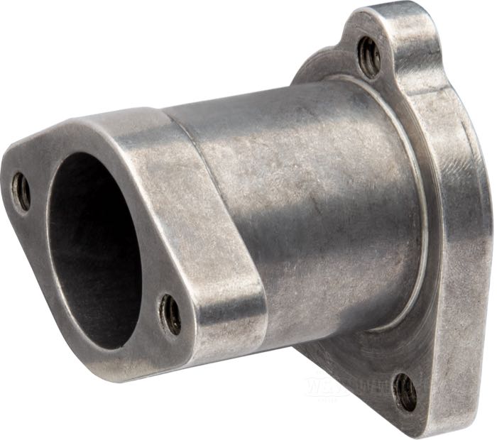 Adapter by Bates; for 32 mm AMAL carburetors → 3-Bolt Linkert manifold; fits Big Twin Sidevalves 1930-1948 and 1936-1939 Knucklehead; billet aluminum; length: 60 mm; with 2 studs; Germany; gross weight: 206 g