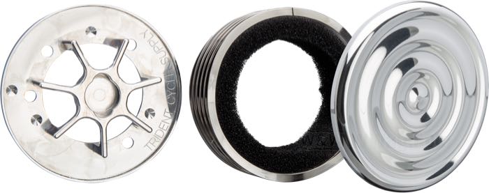 Filtro de aire »Bullseye« de Trident Cycle Supply; aluminio macizo / acero inoxidable, pulido; fondo: 1-1/2”; Ø 4”; para carburadores CV; con elemento filtrante y tornillos de montaje; EE. UU.; peso bruto: 293 g