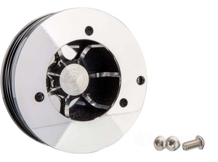 Filtre à air »Bullseye« de Trident Cycle Supply; alu billet / acier inox, poli; profondeur: 1-1/2”; Ø 4”; pour carburateurs S&S Super E/G; avec elément filtrant et vis de montage; USA; poids brut: 290 g