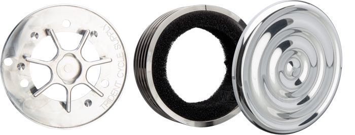 Filtre à air »Bullseye« de Trident Cycle Supply; alu billet / acier inox, poli; profondeur: 1-1/2”; Ø 4”; pour carburateurs S&S Super E/G; avec elément filtrant et vis de montage; USA; poids brut: 290 g