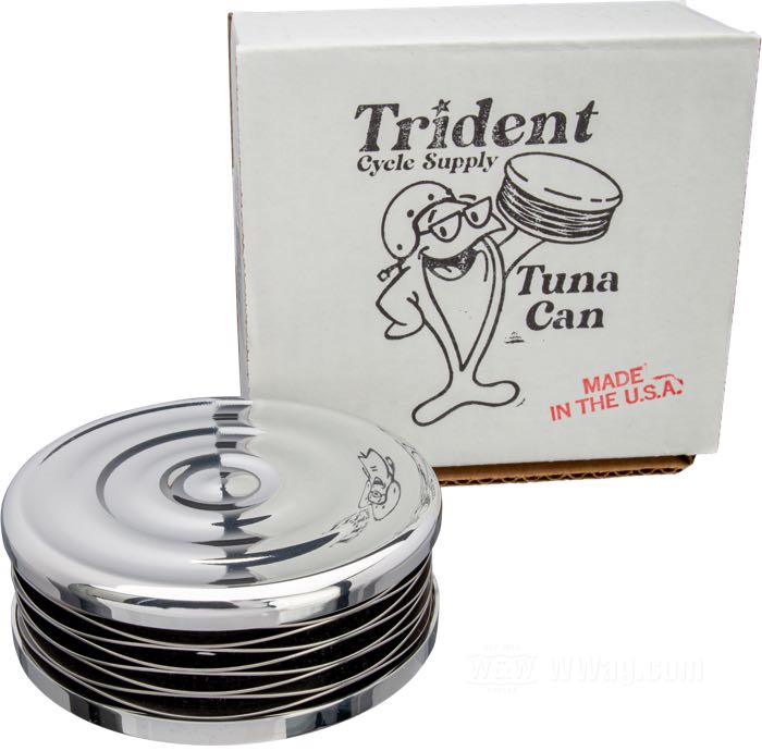 Filtro de aire »Bullseye« de Trident Cycle Supply; aluminio macizo / acero inoxidable, pulido; fondo: 1-1/2”; Ø 4”; para carburadores CV; con elemento filtrante y tornillos de montaje; EE. UU.; peso bruto: 293 g