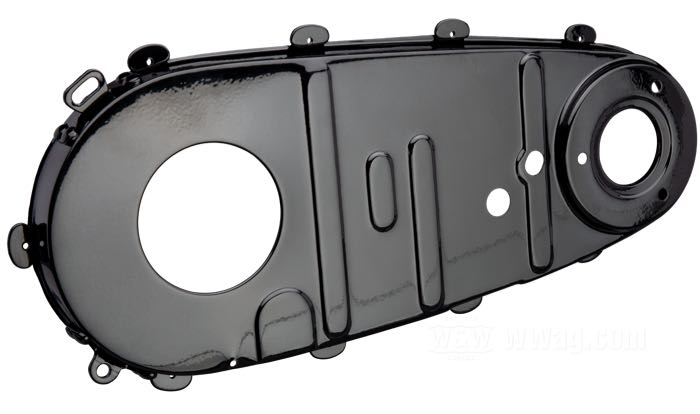 Inner primary cover; fits Big Twin OHV 1936, all Big Twins 1937-1954; sheet steel, black, powder-coated; replaces OEM HD 60620-36; gross weight: 1.35 kg
