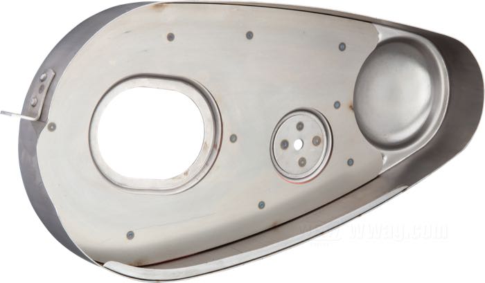 Primary chain guard set by The Cyclery; fits Singles 1926-1929; steel, bare; Outer height motor sprocket bulge (A): 69 mm; Inner height clutch bulge (B): 45 mm; Outer height clutch bulge (C): 56 mm; replaces OEM HD 3801-26; gross weight: 2.39 kg