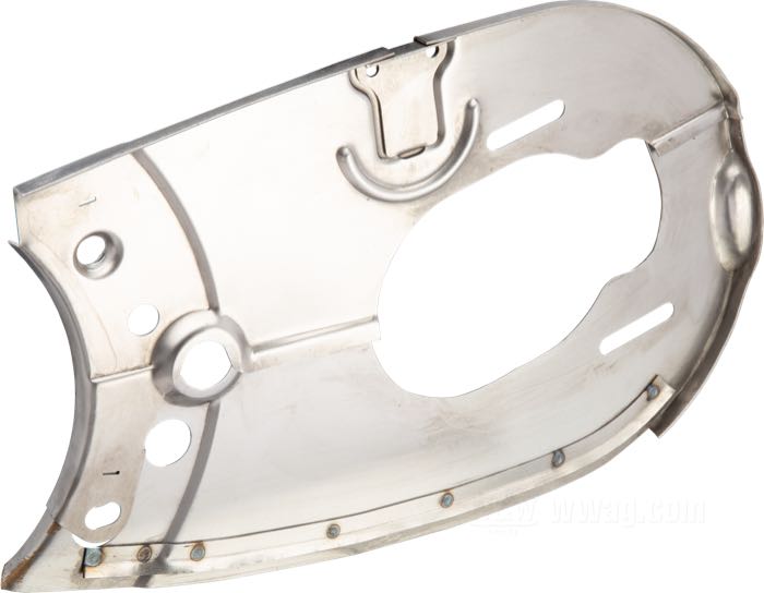Primary chain guard set by The Cyclery; fits R-series models 1934-1935; steel, bare; Outer height motor sprocket bulge (A): 68 mm; Inner height clutch bulge (B): 90 mm; Outer height clutch bulge (C): 91 mm; replaces OEM HD 3801-32, 3811-29, 3804-32, and 3805-32; gross weight: 2.79 kg