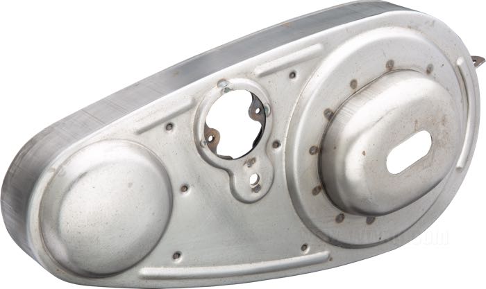 Primary chain guard set by The Cyclery; fits R-series models 1934-1935; steel, bare; Outer height motor sprocket bulge (A): 68 mm; Inner height clutch bulge (B): 90 mm; Outer height clutch bulge (C): 91 mm; replaces OEM HD 3801-32, 3811-29, 3804-32, and 3805-32; gross weight: 2.79 kg