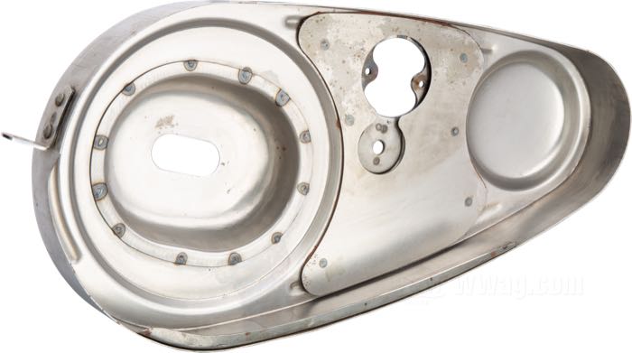 Primary chain guard set by The Cyclery; fits R-series models 1934-1935; steel, bare; Outer height motor sprocket bulge (A): 68 mm; Inner height clutch bulge (B): 90 mm; Outer height clutch bulge (C): 91 mm; replaces OEM HD 3801-32, 3811-29, 3804-32, and 3805-32; gross weight: 2.79 kg