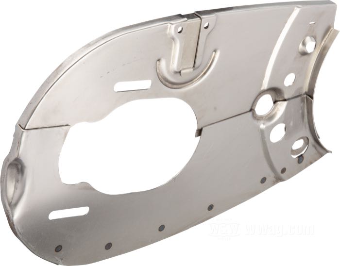Primary chain guard set by The Cyclery; fits R-series models 1934-1935; steel, bare; Outer height motor sprocket bulge (A): 68 mm; Inner height clutch bulge (B): 90 mm; Outer height clutch bulge (C): 91 mm; replaces OEM HD 3801-32, 3811-29, 3804-32, and 3805-32; gross weight: 2.79 kg