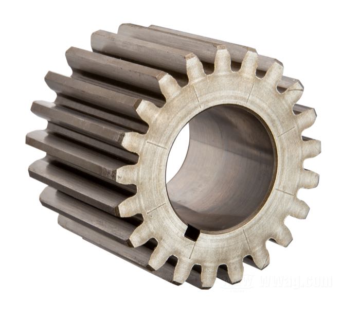 Pinion gear by Jims; fits Big Twin 1954- early 1977; color code: yellow; steel, 21 teeth; Ø 36.71 mm; replaces OEM HD 24010-54; gross weight: 150 g