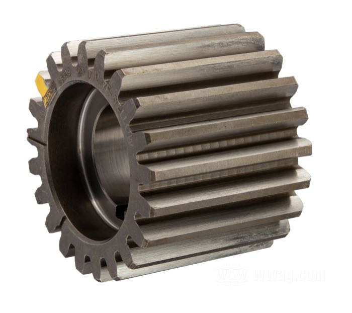Pinion gear by Jims; fits Big Twin 1954- early 1977; color code: yellow; steel, 21 teeth; Ø 36.71 mm; replaces OEM HD 24010-54; gross weight: 150 g