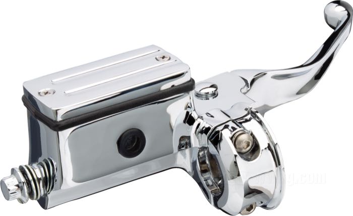 Hand brake master cylinder; fits FX, FXR, FXLR, Sportster, Dyna, and Softail 1984-1995; cast aluminum, chrome-plated; piston Ø: 9/16” (14.3 mm); required brake fluid: DOT 5; gross weight: 877 g