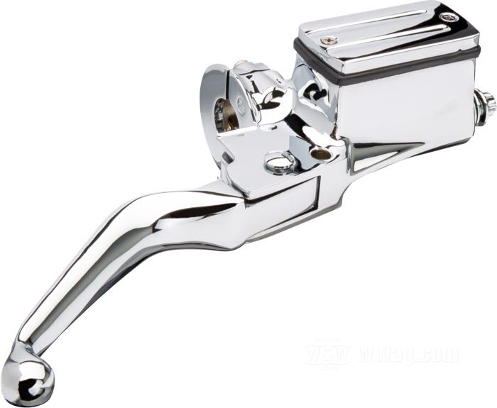 Hand brake master cylinder; fits FX, FXR, FXLR, Sportster, Dyna, and Softail 1984-1995; cast aluminum, chrome-plated; piston Ø: 9/16” (14.3 mm); required brake fluid: DOT 5; gross weight: 877 g