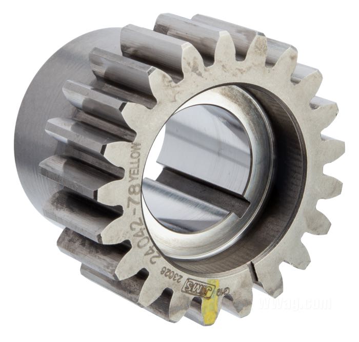 Piñon de distribución de Jims; apropiado para Big Twin late 1977-1989; acero, 21 dientes, código Ø: amarillo; Ø 37.44 mm; reemplaza OEM HD 24042-78; peso bruto: 100 g