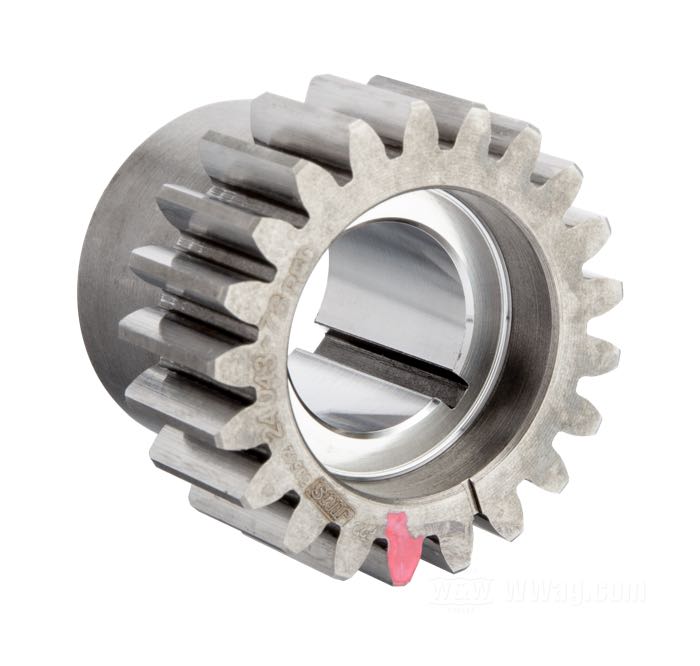 Piñon de distribución de Jims; apropiado para Big Twin late 1977-1989; acero, 21 dientes, código Ø: rojo; Ø 37.42 mm; reemplaza OEM HD 24043-78; peso bruto: 130 g