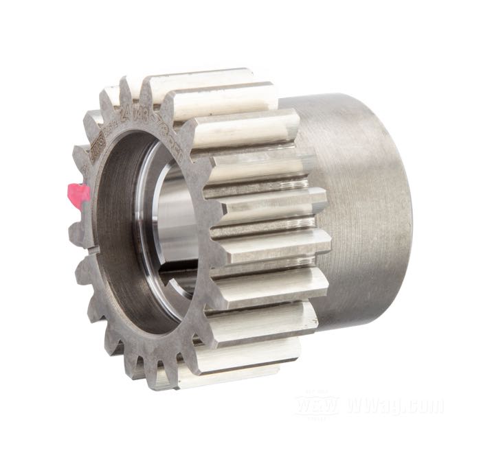 Piñon de distribución de Jims; apropiado para Big Twin late 1977-1989; acero, 21 dientes, código Ø: rojo; Ø 37.42 mm; reemplaza OEM HD 24043-78; peso bruto: 130 g
