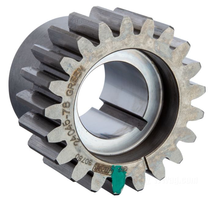 Piñon de distribución de Jims; apropiado para Big Twin late 1977-1989; acero, 21 dientes, código Ø: verde; Ø 37.37 mm; reemplaza OEM HD 24045-78; peso bruto: 130 g