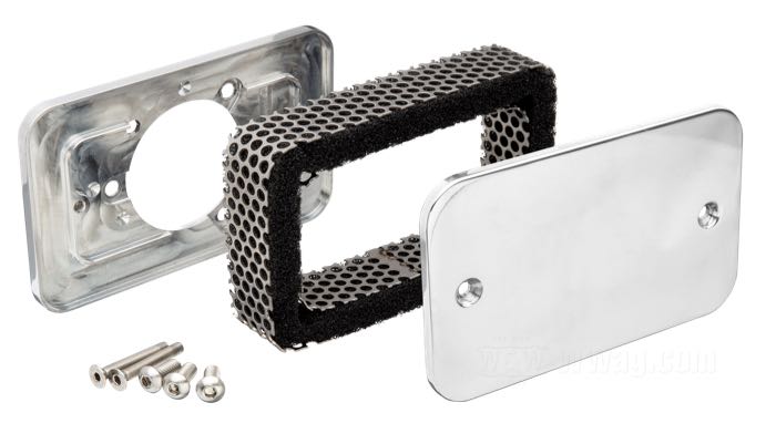 Filtre à air »Breadbox Mini« de Trident Cycle Supply; alu billet / acier inox, poli; L x H x P: 148 x 91 x 35.6 mm; pour carburateurs CV; USA; poids brut: 390 g