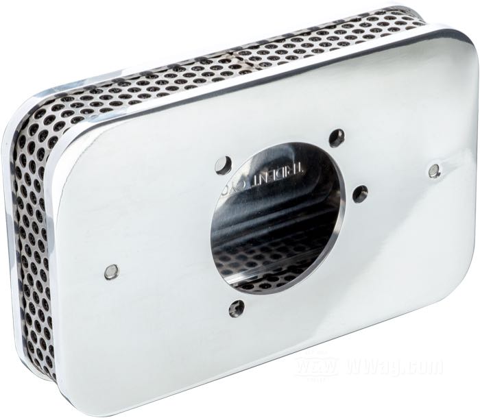 Filtre à air »Breadbox« de Trident Cycle Supply; alu billet / acier inox, poli; L x H x P: 175 x 110 x 35.6 mm; pour carburateurs CV; poids brut: 592 g