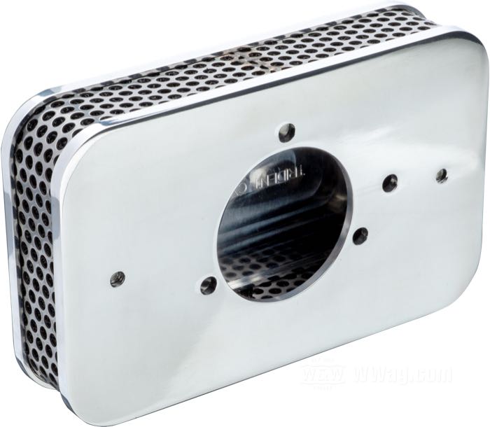 Air cleaner »Breadbox« by Trident Cycle Supply; billet aluminum / stainless steel, polished; W x H x D: 175 x 110 x 35.6 mm; for S&S Super E/G carburetors; gross weight: 598 g