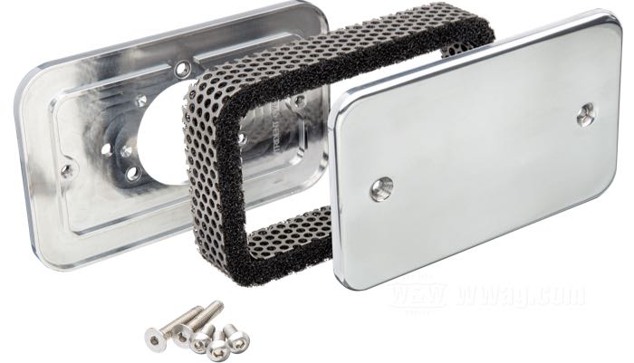Air cleaner »Breadbox« by Trident Cycle Supply; billet aluminum / stainless steel, polished; W x H x D: 175 x 110 x 35.6 mm; for S&S Super E/G carburetors; gross weight: 598 g