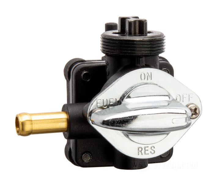 Fuel valve »Vacuum Operated«; fits Touring 1994-2001, Dyna 1995-2001, Softail 1995-2001, FXR 1999-2000; cast iron / plastic, with reserve; outlet position: 90° (→ left); required fuel line: 1/4”; thread: M22 x 1; with fuel filter; replaces OEM HD 61338-94; USA; gross weight: 130 g