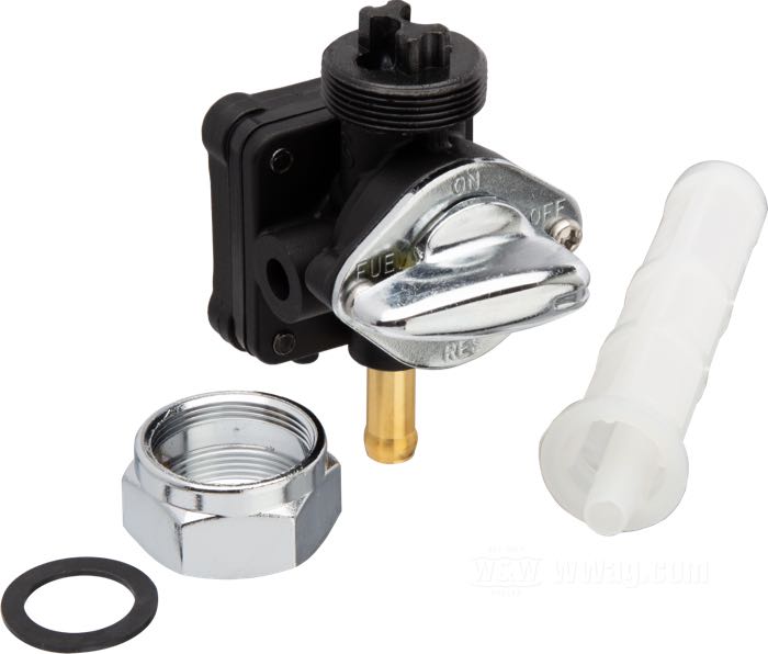 Fuel valve »Vacuum Operated«; fits Sportster 1995-2001; cast iron / plastic, with reserve; outlet position: straight; required fuel line: 1/4”; thread: M22 x 1; with fuel filter; replaces OEM HD 62169-95; USA; gross weight: 130 g