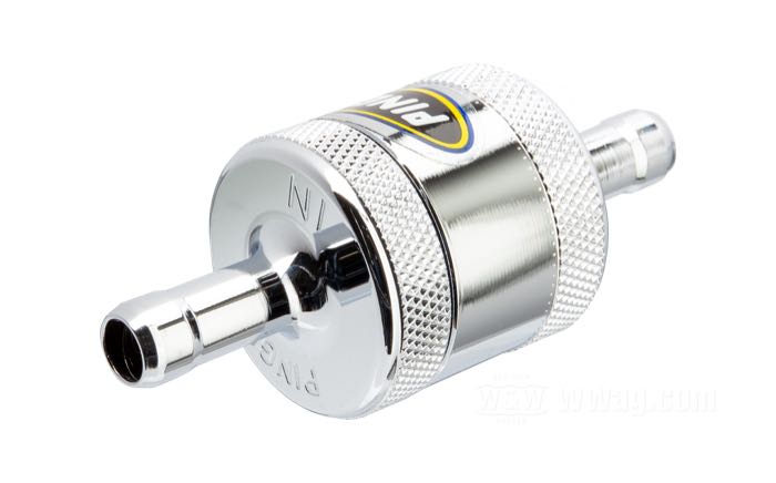 Fuel filter by Pingel; with 5/16” hose fittings; aluminum, chrome-plated; gross weight: 70 g