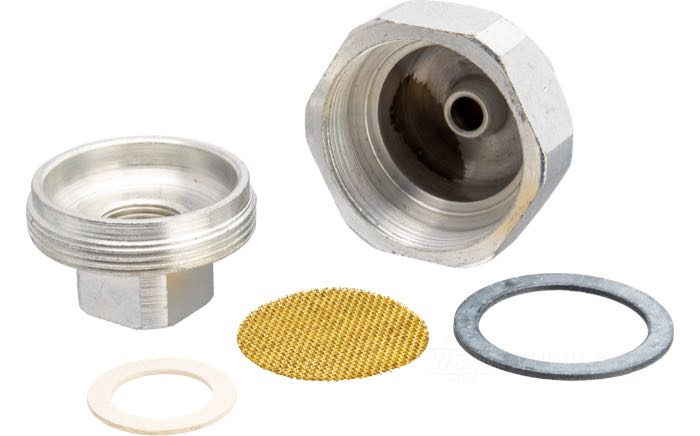 Filtre d‘essence de Colony; pour carburateurs Linkert; adaptable à toutes bicylindriques 1939-1941; acier, CAD (procédé ZnNi), filet vers le carburateur: 7/16”-28, filet vers le durit: 7/16”-20; avec elément filtrant, joint et chapeau; remplace OEM HD 3623-39 et 62250-39; USA; poids brut: 80 g
