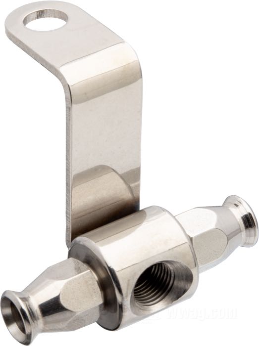 Adapter von Goodridge; für Bremslichtschalter / Bremsleitung; passend für Softail 1987-2003, FLHS 1992/1993; Stahl, verchromt; Anschlussgewinde: 2 x -3 Überwurfmutter + 1 x 1/8”-27 NPTF; Bruttogewicht: 60 g