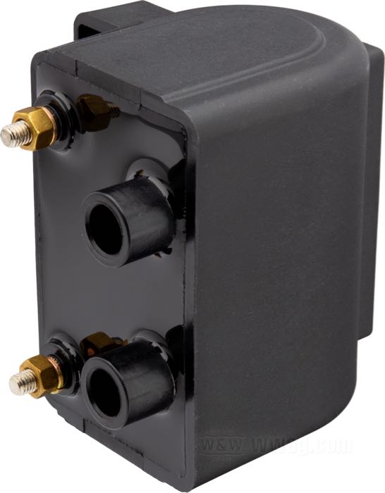 Bobina di accensione; atto per Big Twin 1983-1998 (Softail →1999), Sportster 1983-2003; nero; ad usare con 12 V; resistenza primaria: 3 Ω; dual fire ed una candela per testa; attachi alto volt.: due; rimpiazza OEM HD 31614-83A; peso lordo: 630 g
